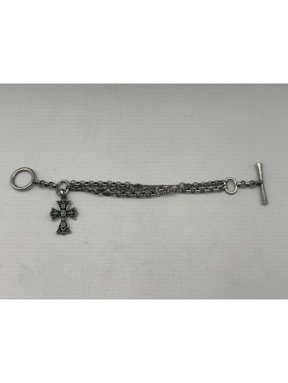 Y2K Lucky Brand Layered Chain Cross Green Pendants Bracelet